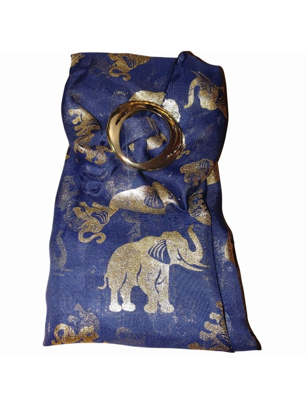 Large Gold Tone Oval Scarf Brooch Pin Ring Navy Elephant Print Sheer Scarf Set